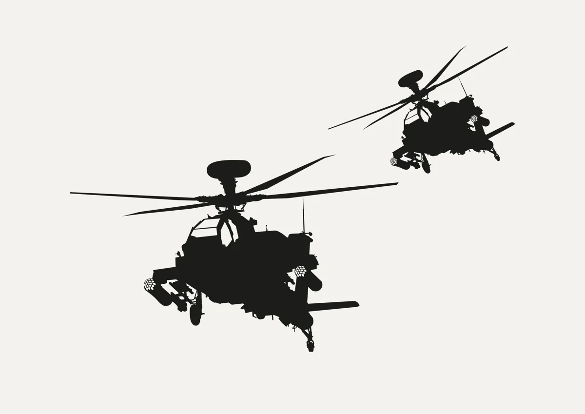 Two military helicopters in flight, silhouette