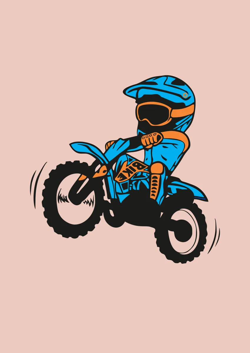 Cartoon child riding a motocross bike in blue and orange