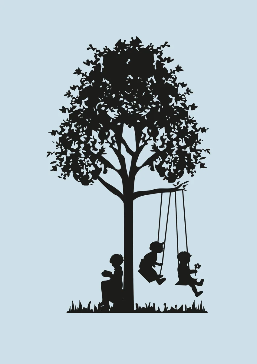 Tree silhouette with children on swings hanging from its branches