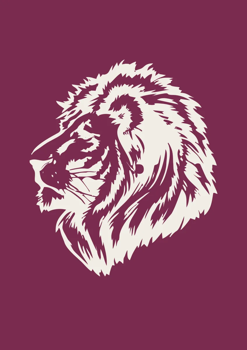 Lion head in profile with a full mane, graphic illustration
