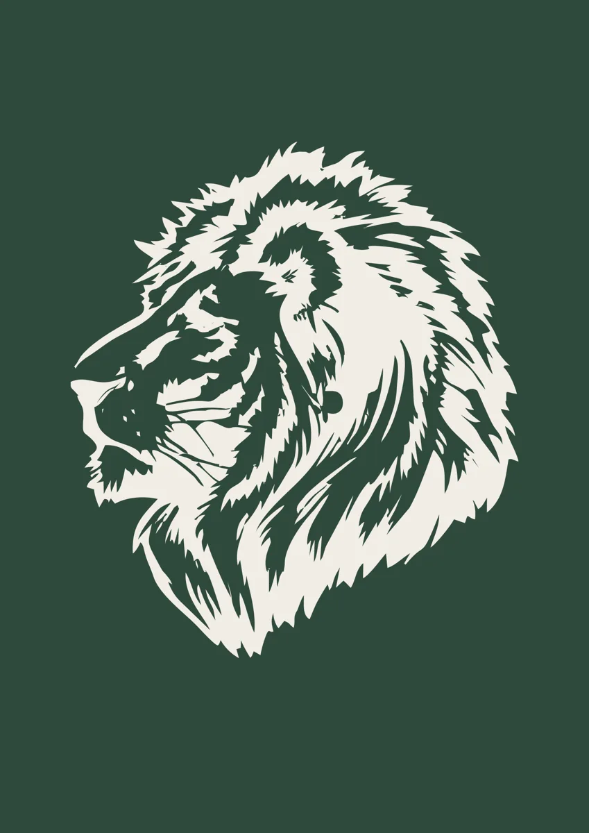 Lion head in profile with a full mane, graphic illustration