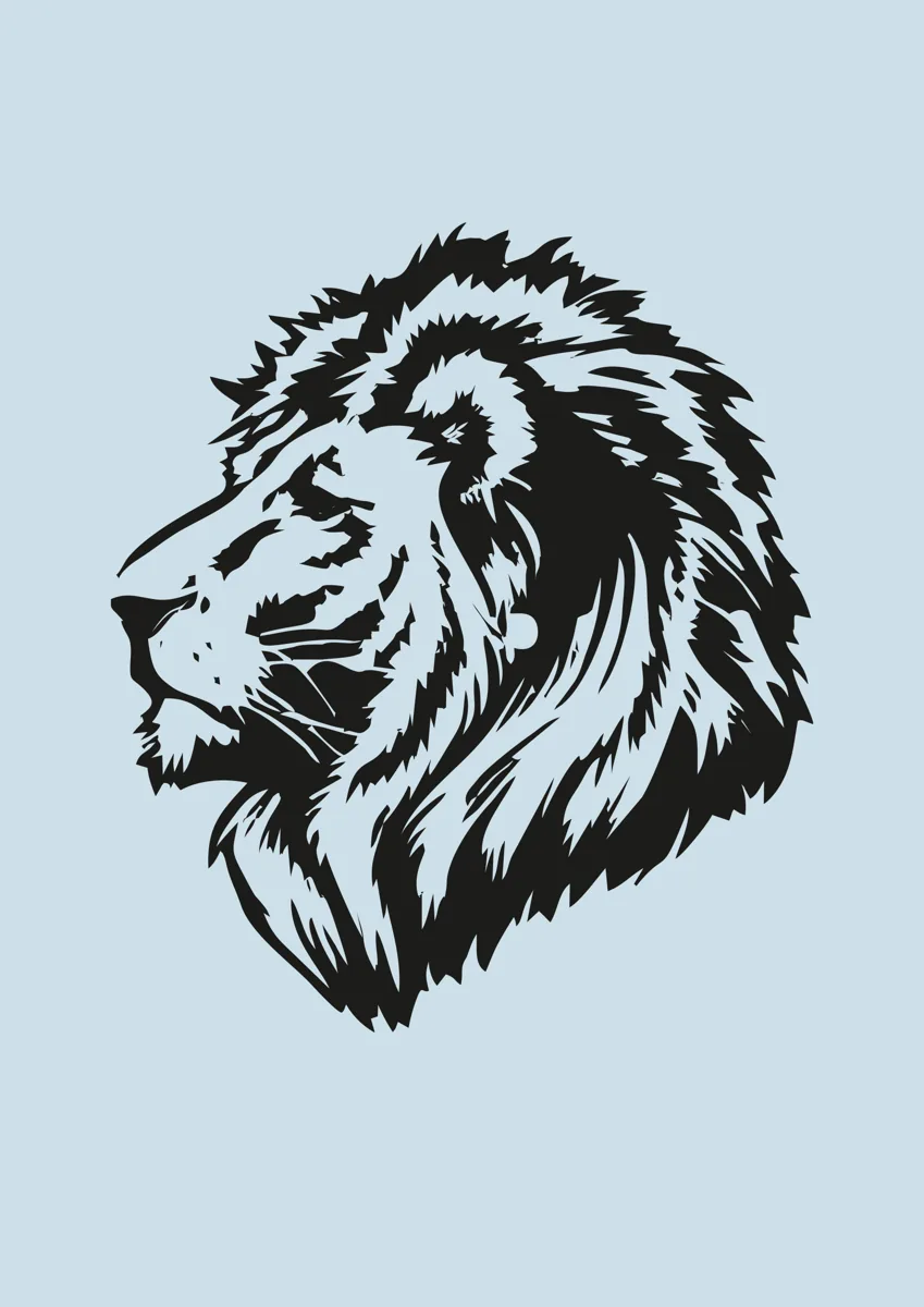 Lion head in profile with a full mane, graphic illustration