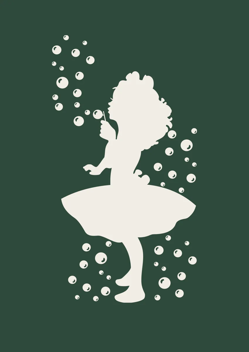 Silhouette of a little girl in a full dress surrounded by bubbles