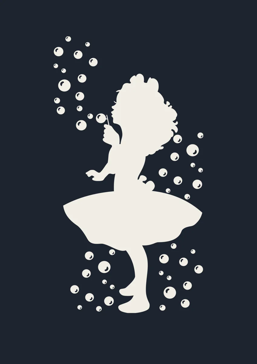 Silhouette of a little girl in a full dress surrounded by bubbles