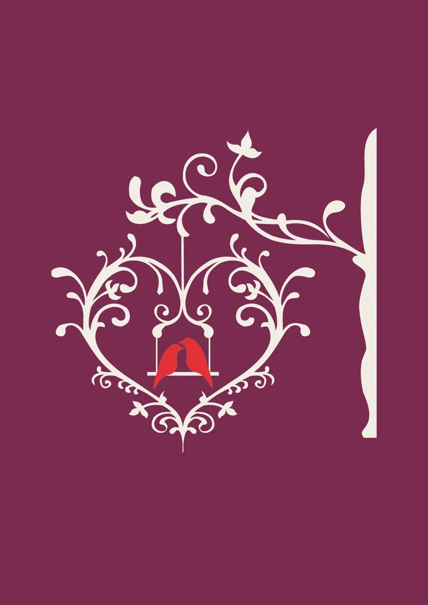 Two red love birds on a swing inside a decorative heart