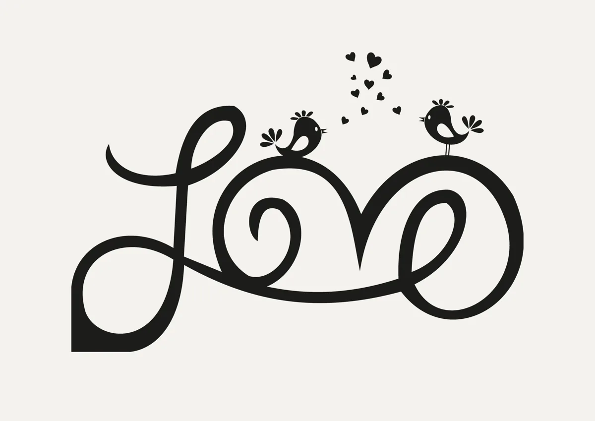 Two birds perched on the word love in script with hearts
