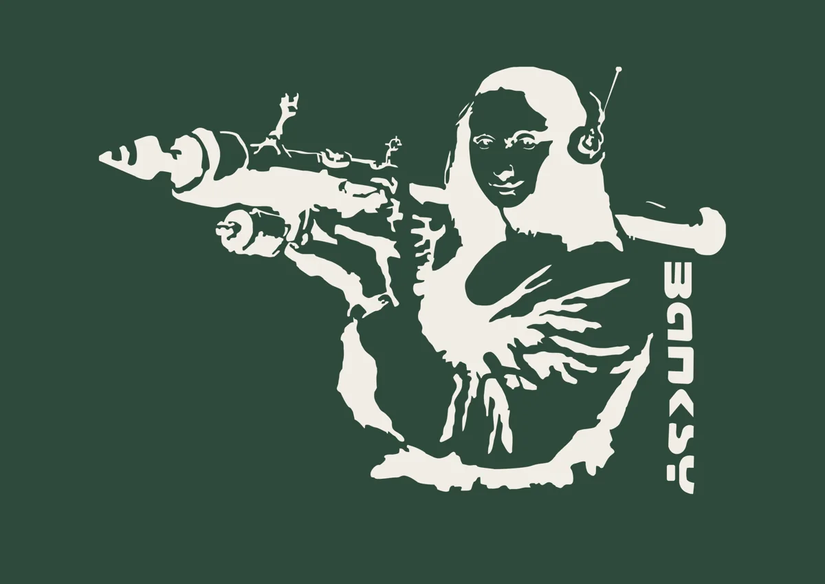 Mona Lisa with bazooka and headphones Banksy stencil