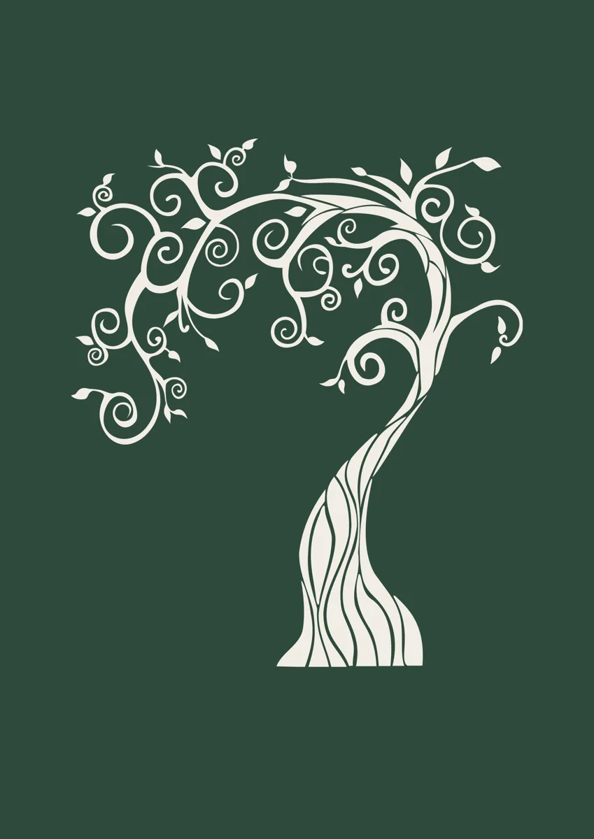 Art Nouveau style tree with twisting trunk and spiral branches