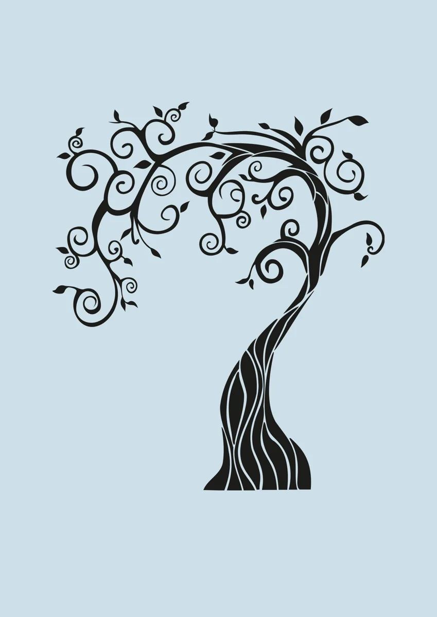 Art Nouveau style tree with twisting trunk and spiral branches