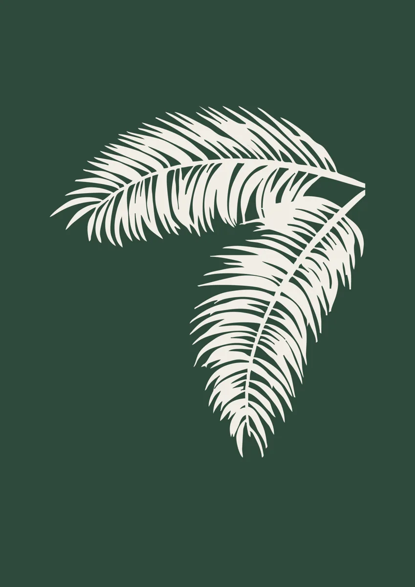 Two curving tropical palm leaves, silhouette
