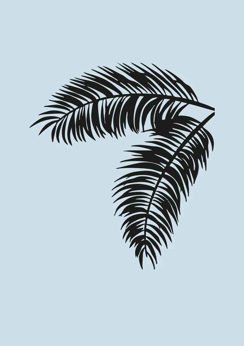 Two curving tropical palm leaves, silhouette