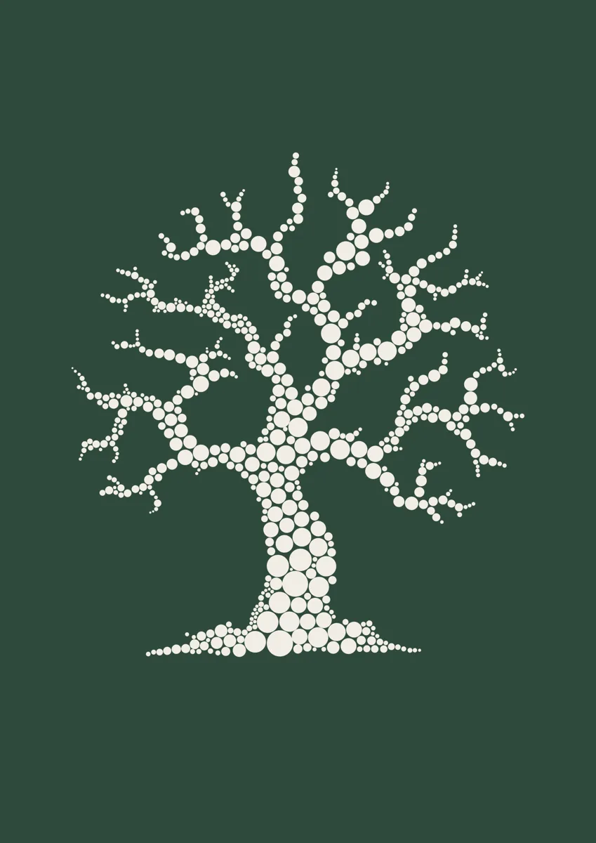 Gnarled tree with a trunk made of pebbles and twisting branches