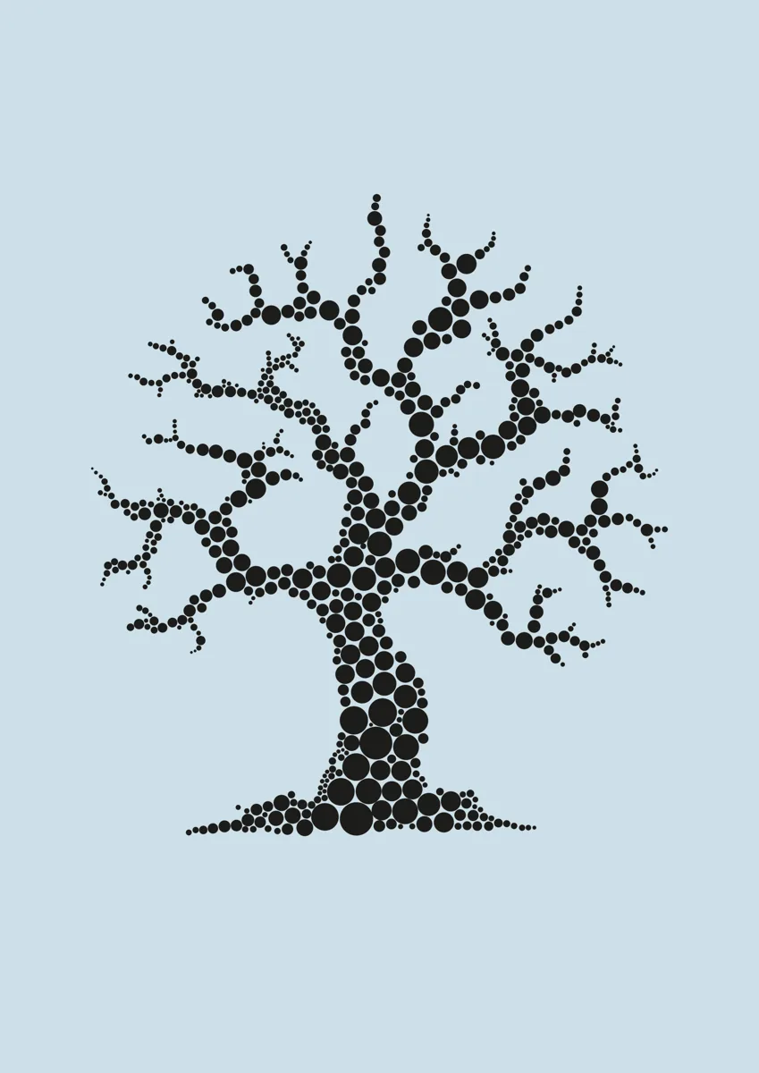 Gnarled tree with a trunk made of pebbles and twisting branches