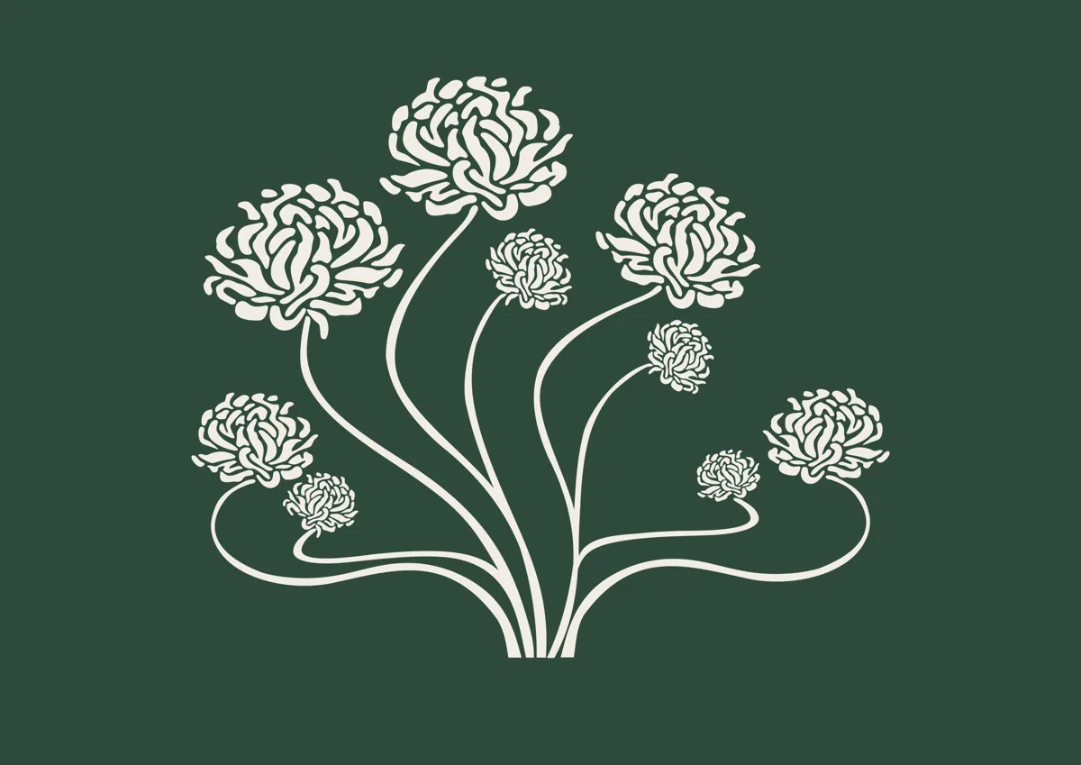 Bunch of peonies with curling stems, retro illustration