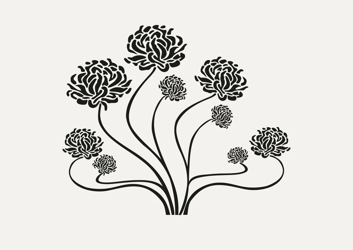 Bunch of peonies with curling stems, retro illustration