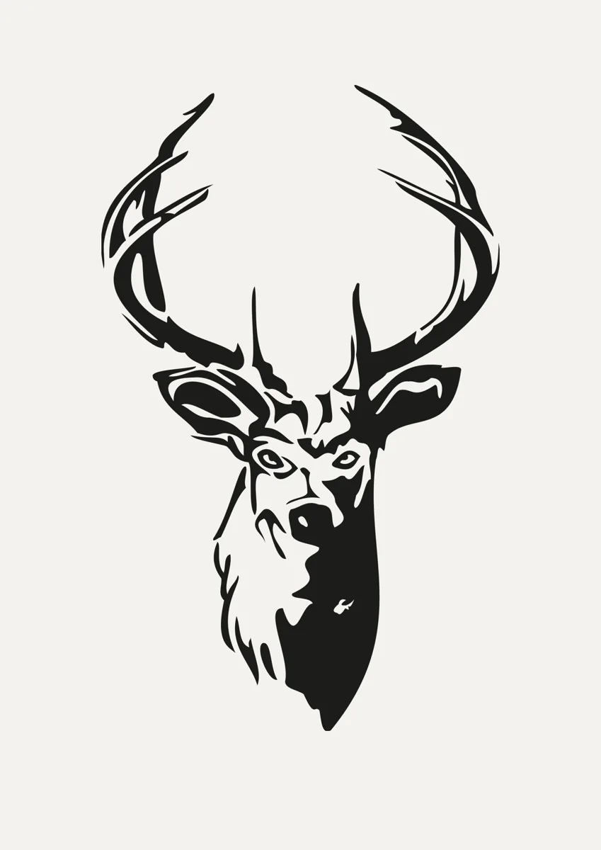 Stag head with large antlers, graphic silhouette