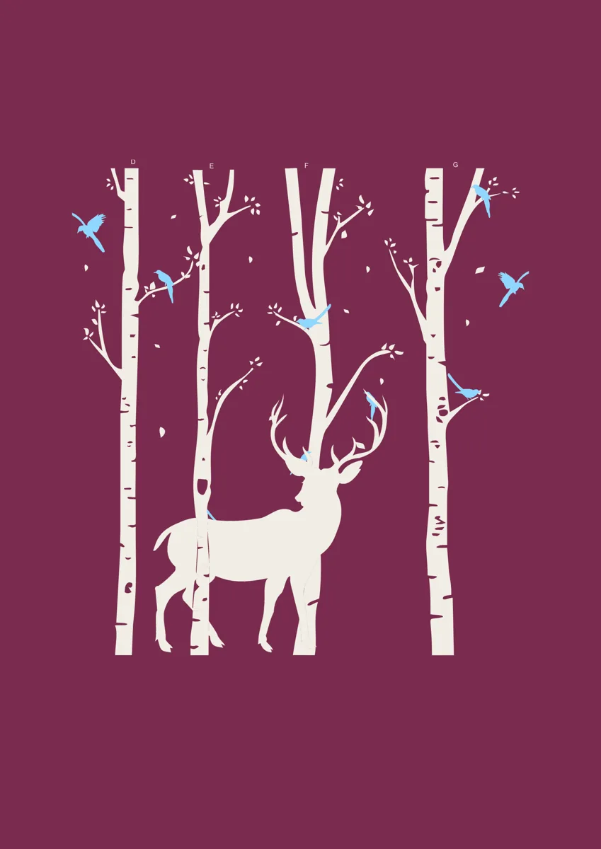 Stag standing among birch tree trunks with small birds