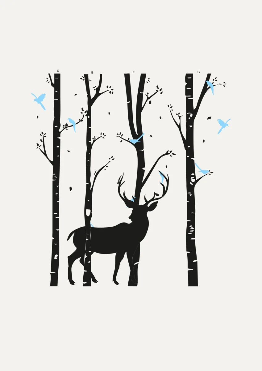 Stag standing among birch tree trunks with small birds