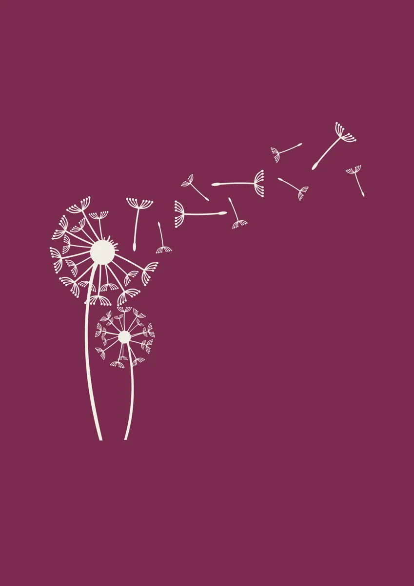 Two stylised dandelions with seeds floating away