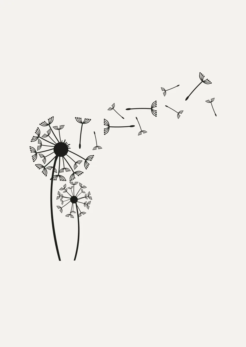 Two stylised dandelions with seeds floating away