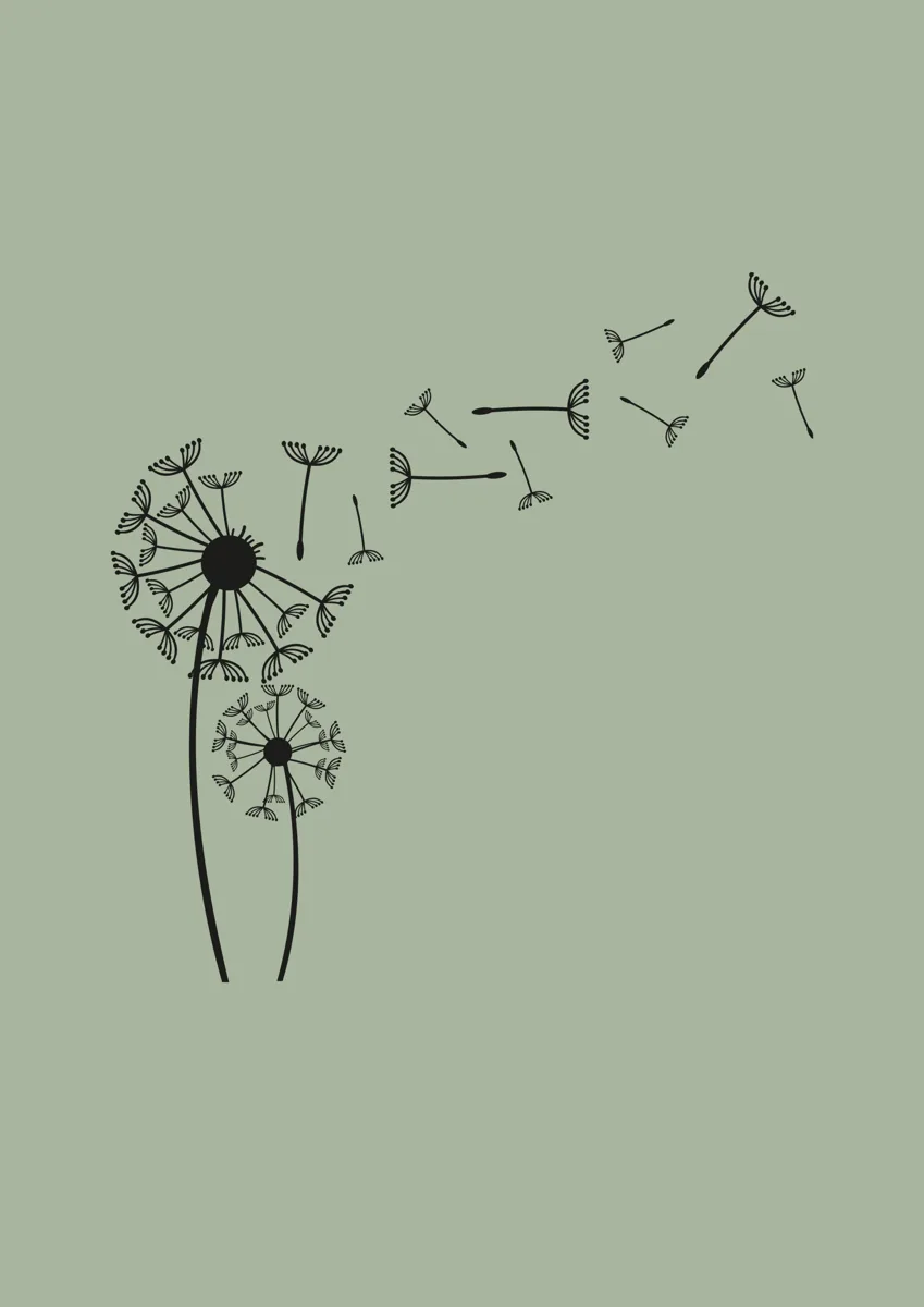 Two stylised dandelions with seeds floating away