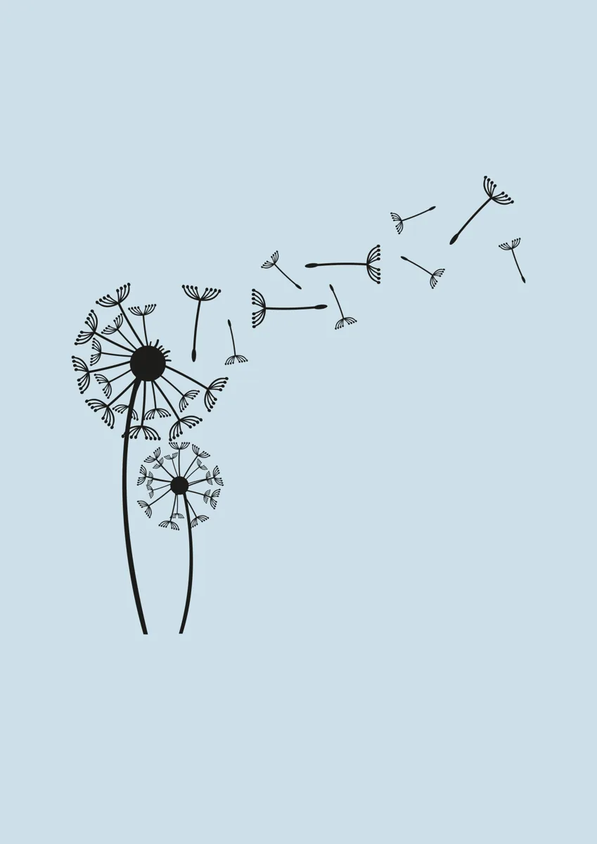 Two stylised dandelions with seeds floating away