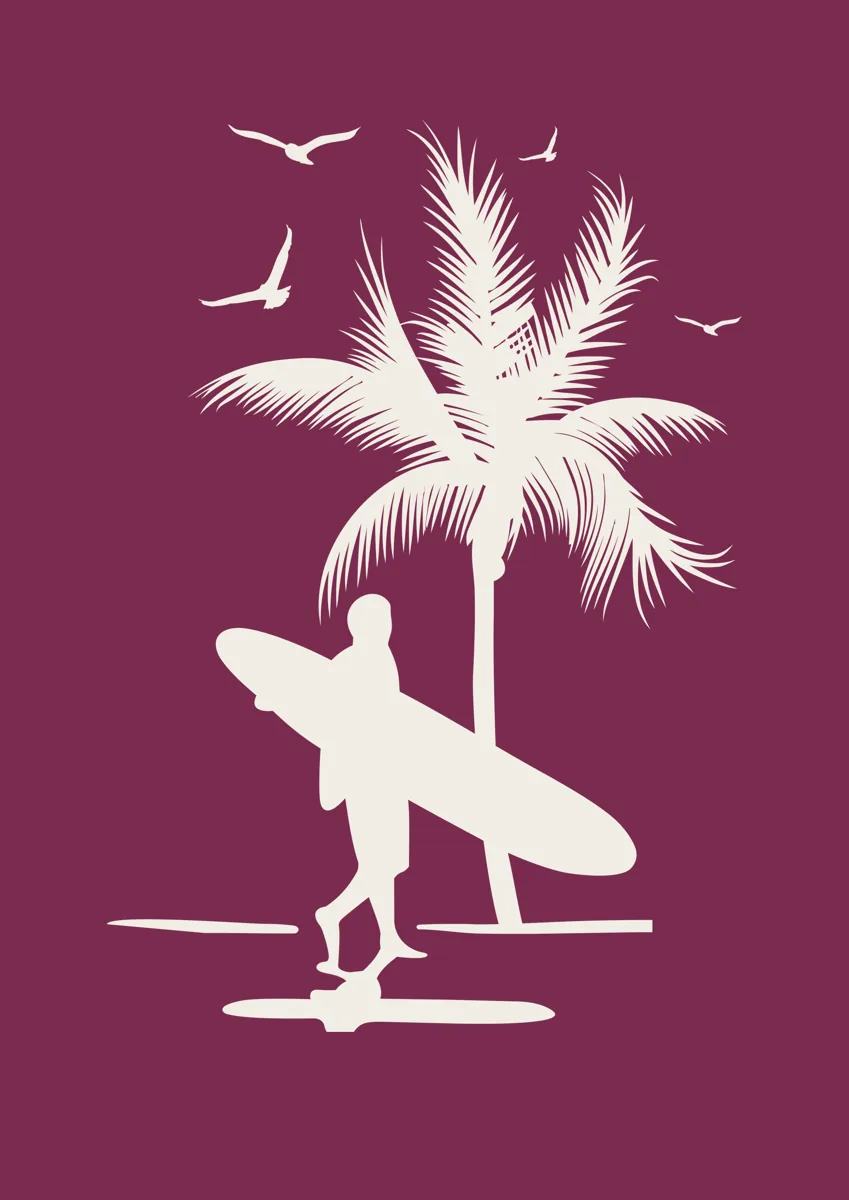 Surfer carrying a surfboard past a palm tree, silhouette