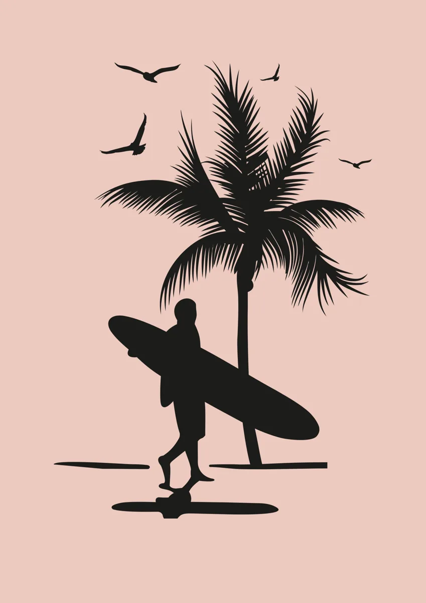 Surfer carrying a surfboard past a palm tree, silhouette