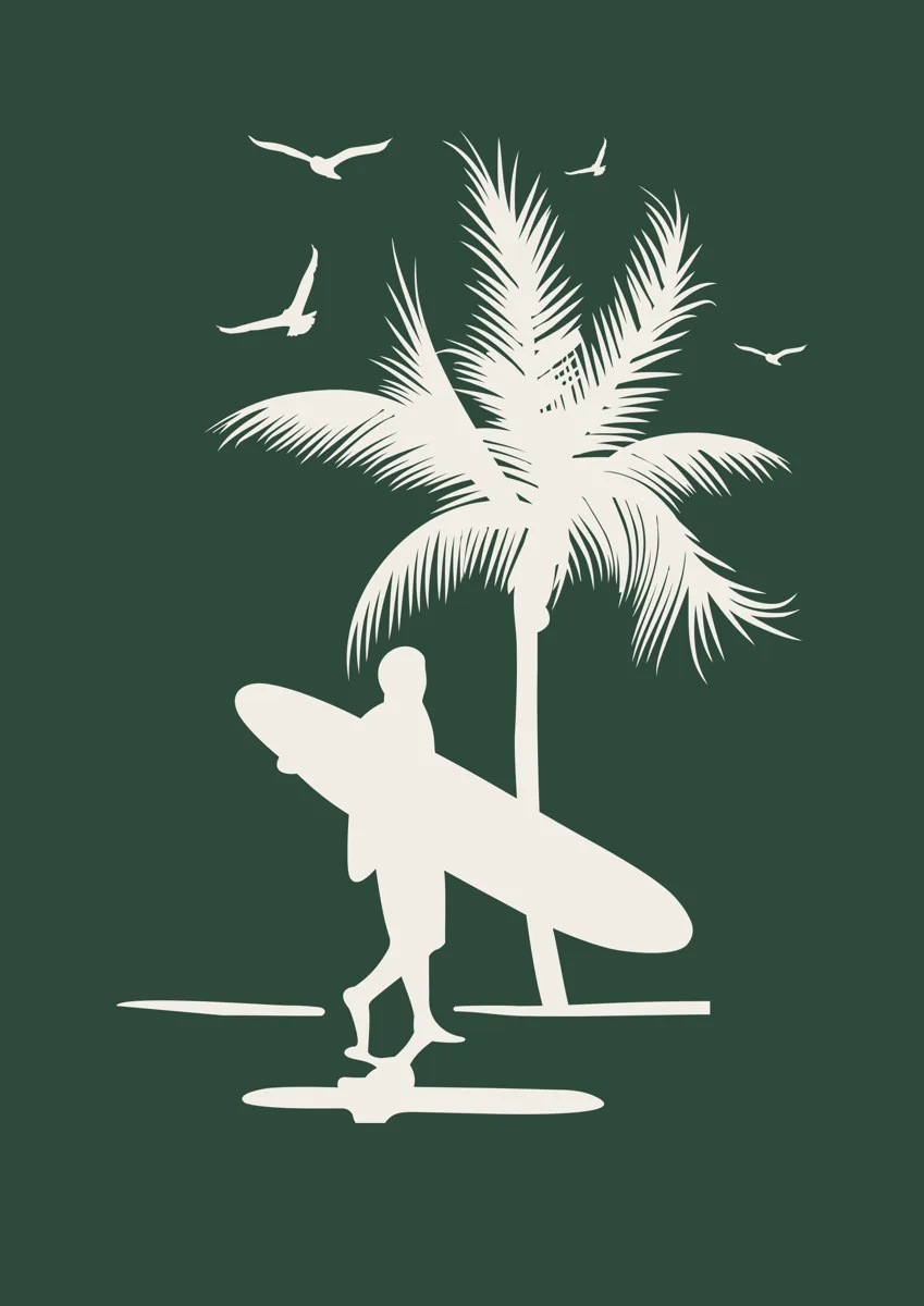 Surfer carrying a surfboard past a palm tree, silhouette