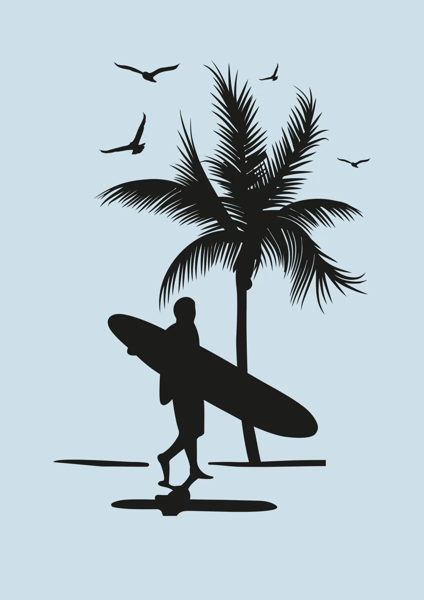 Surfer carrying a surfboard past a palm tree, silhouette