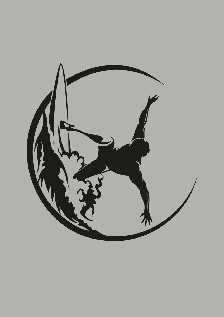 Surfer riding inside a curling wave, circular silhouette