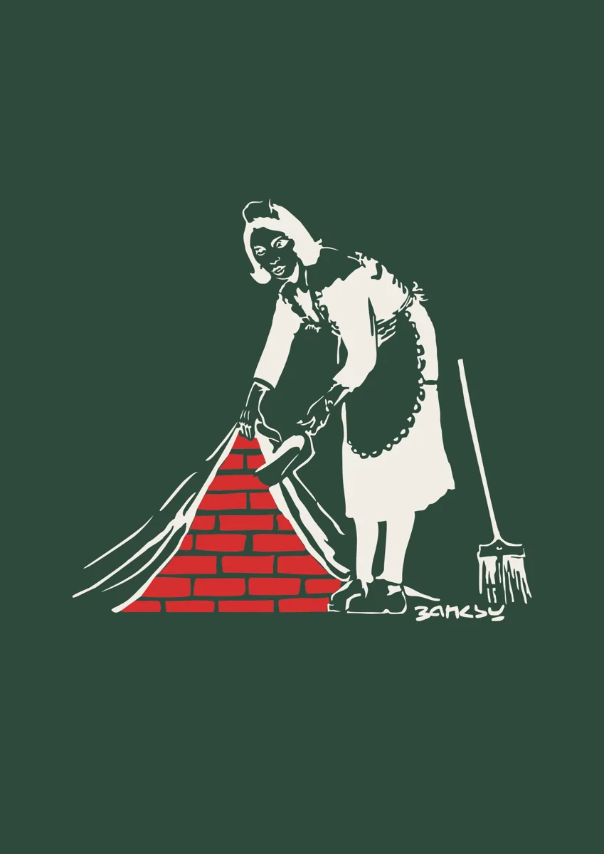 Banksy maid sweeping dust under the carpet revealing red bricks