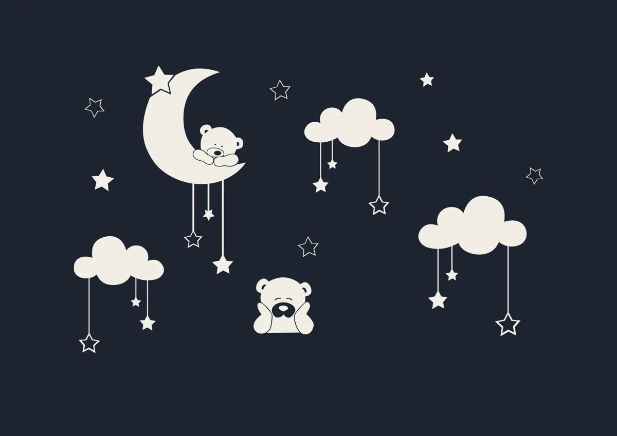Teddy bear sleeping on a crescent moon with clouds and hanging stars