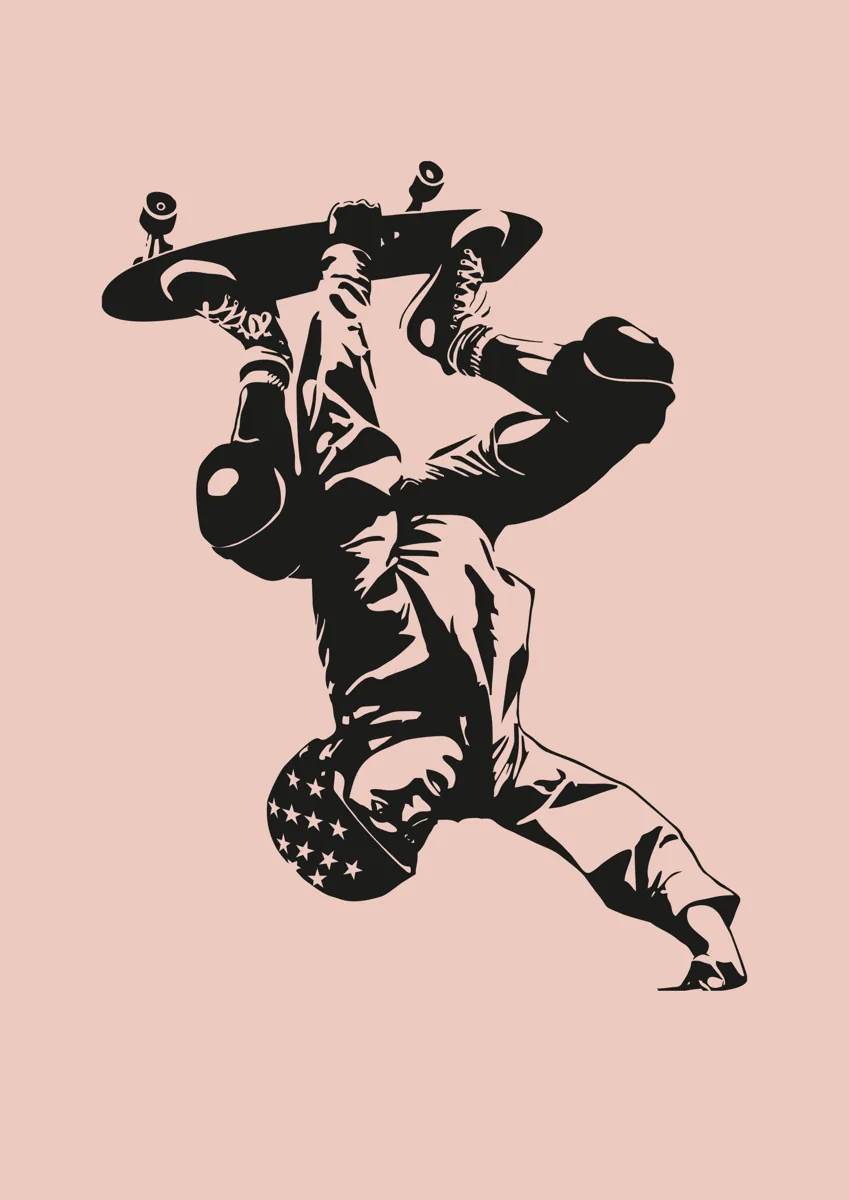 Skateboarder upside down mid-trick, detailed silhouette