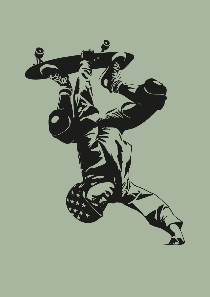 Skateboarder upside down mid-trick, detailed silhouette