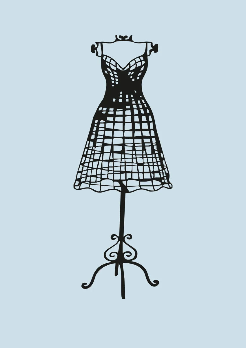 Wireframe dress form with a full skirt on a stand