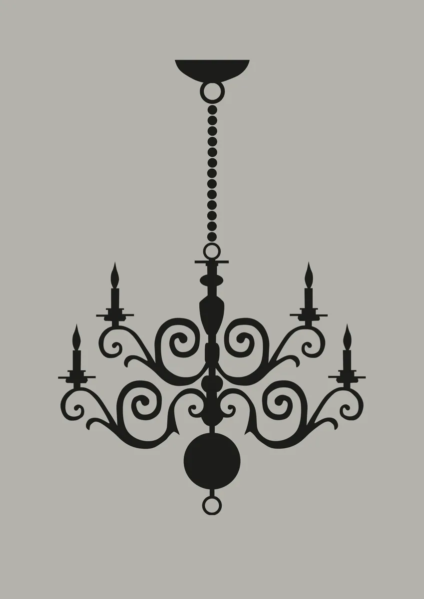 Wrought iron chandelier with candles hanging from a chain
