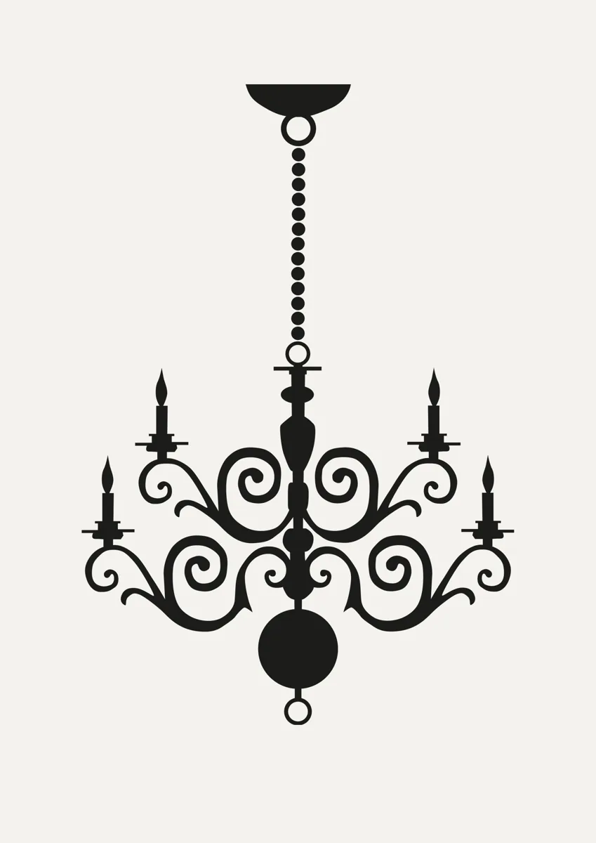 Wrought iron chandelier with candles hanging from a chain