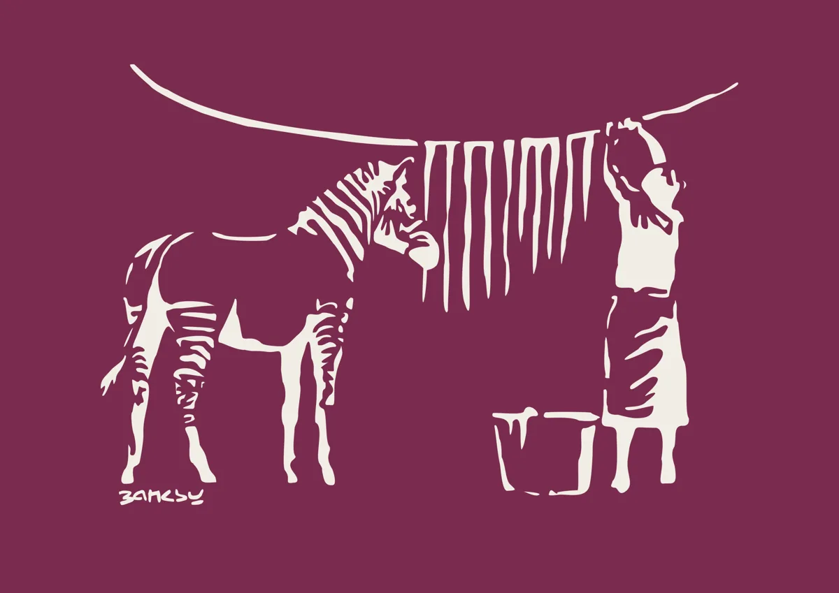 Banksy Zebra Stripes woman hanging zebra stripes on a washing line