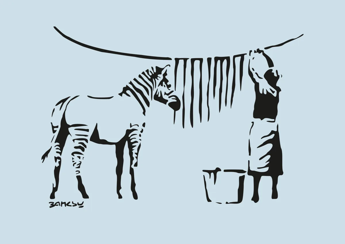 Banksy Zebra Stripes woman hanging zebra stripes on a washing line
