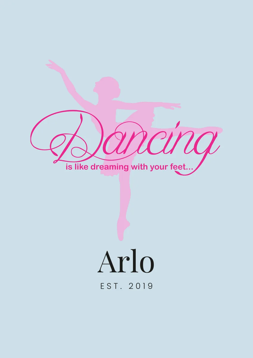 Ballerina silhouette on pointe with Dancing written in pink script