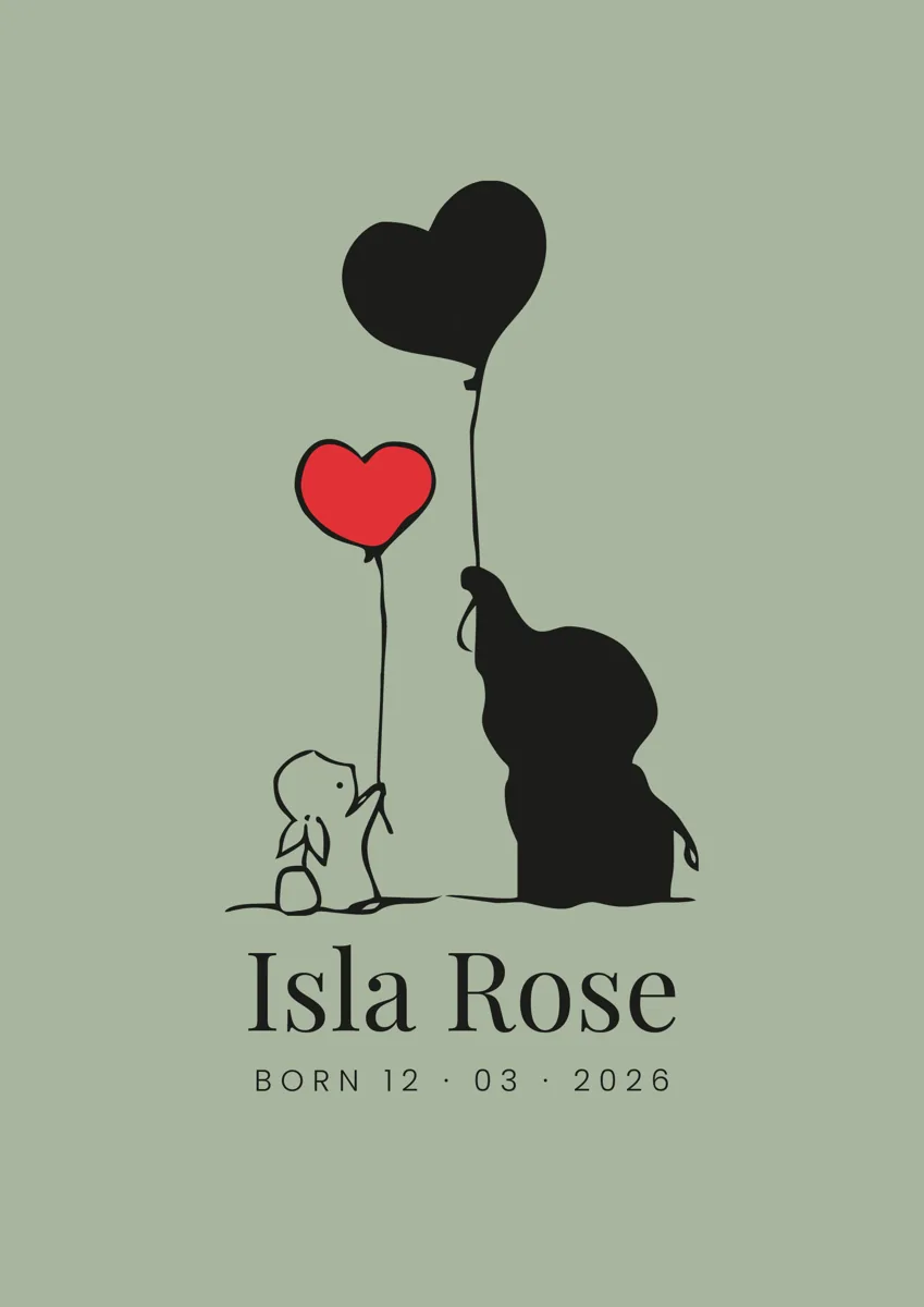Elephant and bunny silhouettes holding red heart-shaped balloons