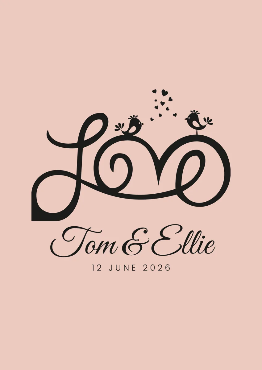 Two birds perched on the word love in script with hearts