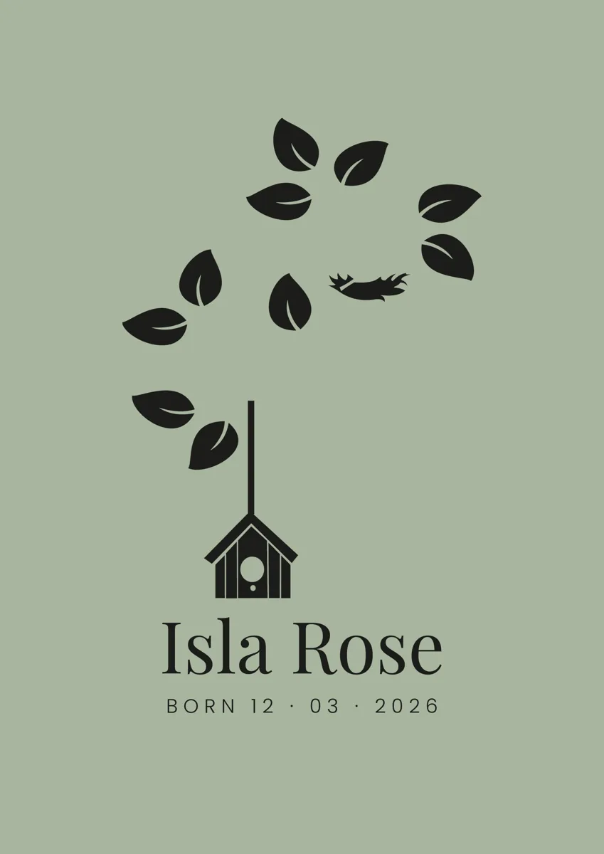 Tall thin tree with a birdhouse, birds and falling leaves